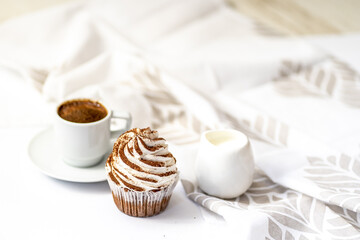 Black coffee with cupcakes and muffins. Spice cupcakes with creamcheese frosting decorated with a cocoa