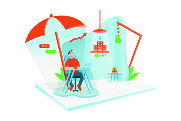 Isometric ilustration of a man sitting cassually going to buy a property in the metaverse