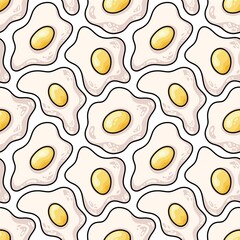 Seamless vector pattern with hand drawn fried eggs on white background. Top view. Cute food theme texture for print, poster, fabric, wallpaper, card, textile, packaging, apparel, wrapping paper.