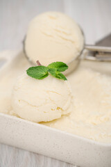 Close-up of vanilla ice cream scoop balls. Homemade ice cream