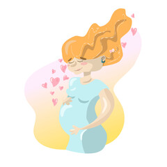 Pregnant ginger hair woman, blue dress isolated