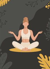 Fototapeta na wymiar A girl with fair skin, a faceless character sits in a lotus position and meditates, does yoga. Dark poster or banner with flowers and leaves for fitness center, advertising, vector illustration