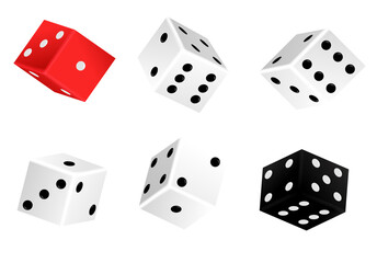 Set of isometric dice combination. Red, white and black poker cubes. White cubes with dots. Falling poker die for random choice in craps. Dice vector set