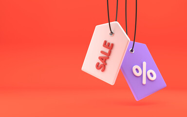 Bright sale tags, discount concept, percent off, black Friday sale. On red background. Modern design, 3d rendering.