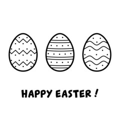 Happy Easter! Greeting card with three decorated eggs. Vector illustration in doodle line style. 