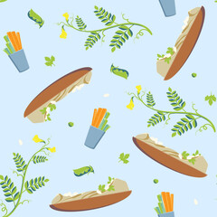 Hummus with carrot and celery slabs, chickpea plants and pods. Seamless pattern. Vector illustration