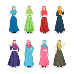 Set of woman wear hijab trendy style various woman character collection.  Flat vector template style Suitable for Web Landing Pages.