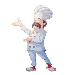 Middle aged male chef cook with big mustache smiling and gesturing. Character concept drawing. Color drawing. Vector illustration