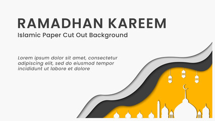 Vector graphic of Islamic background using paper cut out style with grey, black, yellow and white color scheme. Perfect for Ramadhan Kareem greeting card