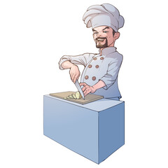 Young handsome male chef cook smiling and cutting onions with a knife. Character concept drawing. Color drawing. Vector illustration