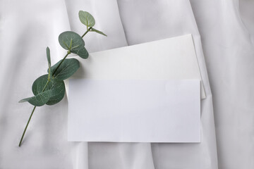 Congratulatory blank and an envelope with a branch of eucalyptus on white silk.