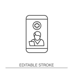  Smartphone application line icon. Telemedicine, health care. Virtual doctor consultation. Online medical examinations.Telehealth concept. Isolated vector illustration. Editable stroke