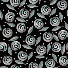 Trendy seamless Scandinavian pattern with black gray flowers and leaves. Boho watercolor roses, peonies earthy colors, tones. Botanical illustration for the fabric, cover, packaging, Christmas cards.