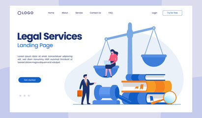 law firm and legal services concept, lawyer consultant, judicial flat illustration vector landing page
