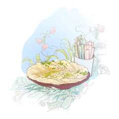 Hummus with carrot and celery slabs on a plate among chickpea leaves. Painted sketch. Vector illustration
