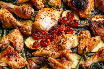 A baking sheet with various portions of fried chicken meat. A set of fried chicken fillet, thigh,...