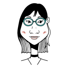 Hand-drawn funny character, doodle people face, young woman face with glasses, vector illustration,