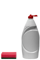 Washing-up liquid bottle with sponge isolated on white background