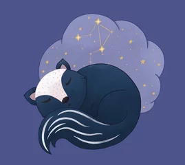 Fotobehang Zodiac for children with cute animals. Skunk sleeping and dreaming with a star map. The constellation of Libra. Cartoon illustration in pastel colors. Nursery poster.  © Olena M