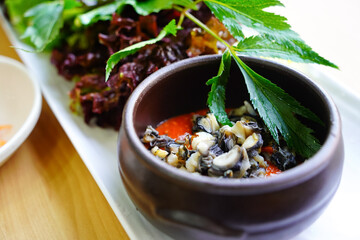 One of the side dishes of Korean food, Soybean paste with snails.