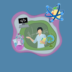 Female teacher with short pixie haircut, with symbols of subjects. Papercut style