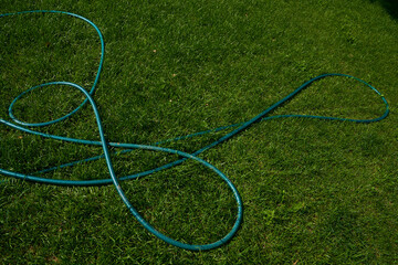 On the green lawn there is a green hose tangled for watering plants. High quality photo
