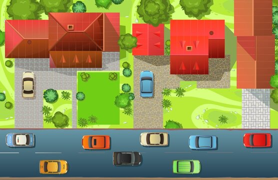 City street. Fragment of small town. Top View from above. Cozy houses with courtyards and parking lots. Cartoon cute style illustration. Cars drive along asphalt road. Vector