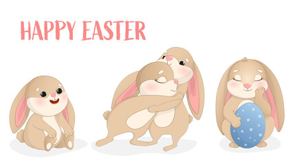 Set of cute Easter cartoon characters rabbits, easter bunny and eggs, Easter spring set with cute eggs