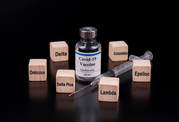 covid-19 vaccine vial with syringe with virus and wooden cubes with alphabet, coronavirus, Omicron,...