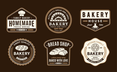 Bakery and bread logo, icons and design elements isolated on a dark background