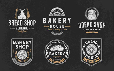 Bakery and bread logo, icons and design elements on a dark background