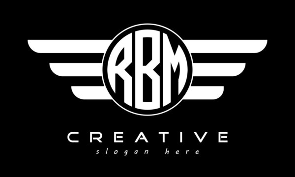 RBM three letter monogram type circle letter logo with wings vector template.