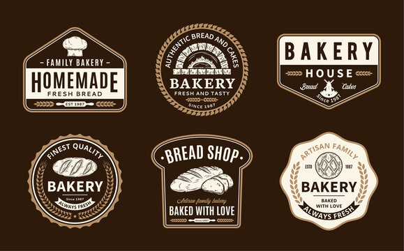 Bakery and bread logo, icons and design elements isolated on a dark background
