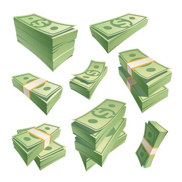 Cartoon stack banknotes. Stacks cash green money, dollar bills, stacking dollar banknote, pile cashs paper currency, heap 100 payment note pack, isolated recent vector illustration
