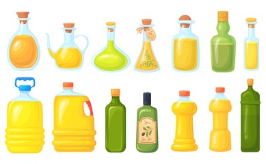 Soya oil bottles. Cooking variety vegetable oils glass or plastic bottle, fresh liquid for cook healthy gourmet food, coconut olive canola oiling