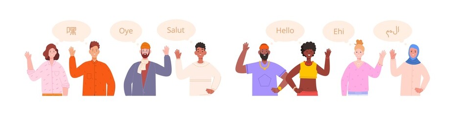 Fototapeta premium People sgreeting languages. Say hi hello greeting foreign student, different multilingual culture, translate international speech, bubble chat
