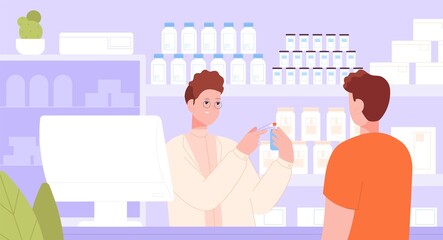 Pharmacist at pharmacy counter. Druggist pharmaceutical store talk customer, consult employee drugstore, behind apothecary shelves pills medical drug