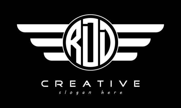 RDD three letter monogram type circle letter logo with wings vector template.