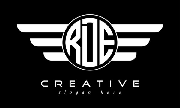 RDE three letter monogram type circle letter logo with wings vector template.