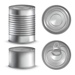 Realistic tin cans. 3d mockup metal can, steel canister package, aluminium canned cap, aluminum cylinder food pack, metallic silver tinned boxes, isolated tidy vector illustration
