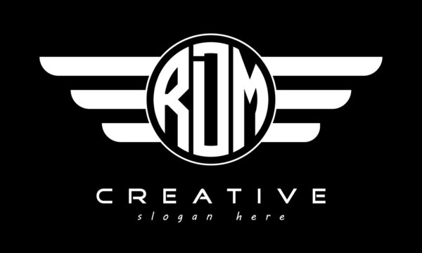 RDM three letter monogram type circle letter logo with wings vector template.