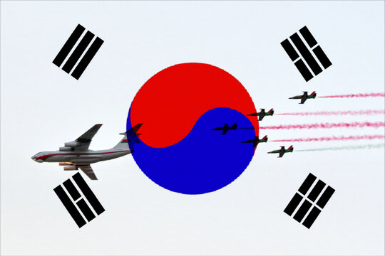 The flag of the South Korea with the image of military aircraft.