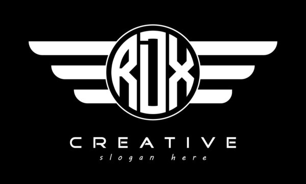 RDX three letter monogram type circle letter logo with wings vector template.