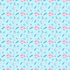 seamless watercolor pattern with colorful easter bunnies and decorative twigs.