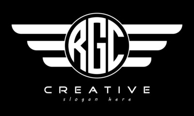RGC three letter monogram type circle letter logo with wings vector template.