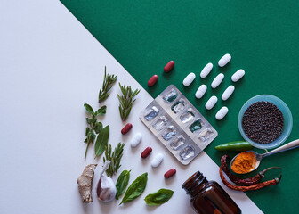 Herbal versus chemical medicine - alternative remedies flat lay comparison