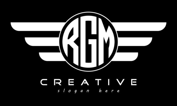 RGM three letter monogram type circle letter logo with wings vector template.