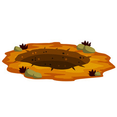 Big hole in ground. Brown dry soil and mine. Element of desert landscape. Cartoon illustration