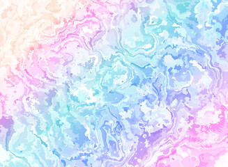 Rainbow watercolor background in blue, pink, purple colors. Vector abstract marble pattern. Pastel rainbow water texture. Unicorn watercolor banner. Magic color background design