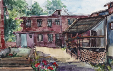 Old house in Moscow yard, watercolor painting, sketch
